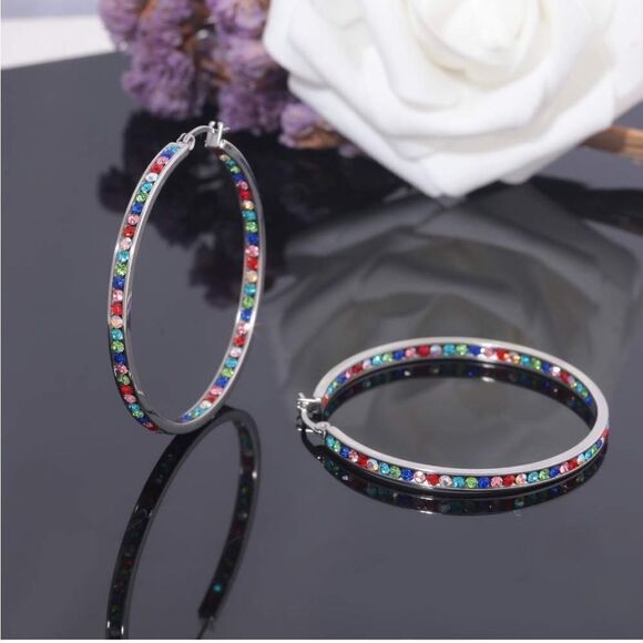 14K White Gold with Multi Colored Cubic Zirconia Big Hoop Latch Back Earrings - Picture 3 of 6